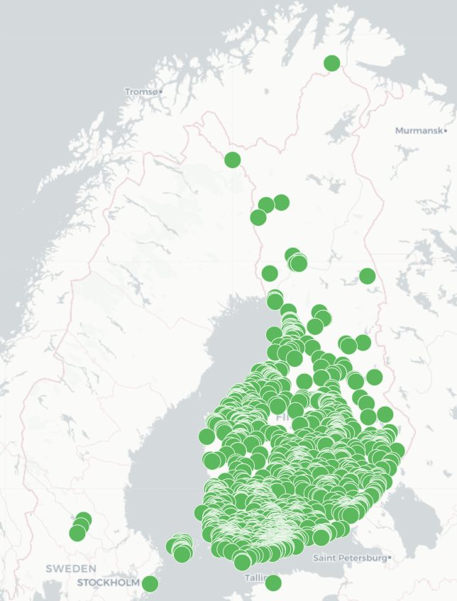 Suomen kartta, jossa on merkittynä GEF vision-ohjatut aurinkosähkövoimalat